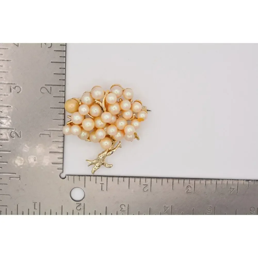 Vintage Tree Pin Brooch Faux Pearl Cluster Gold Tone Chunky Heavy 1980s BinAT